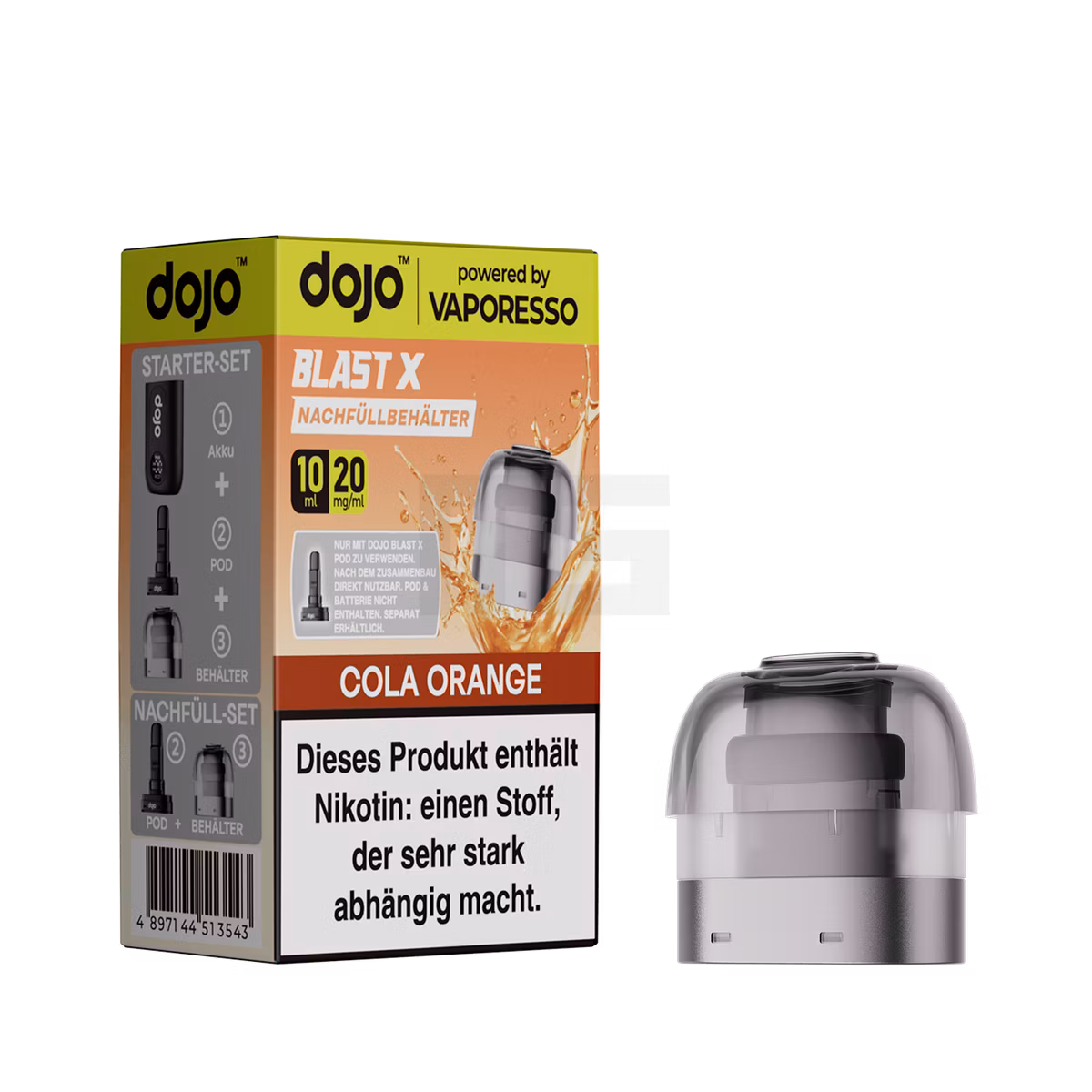 Vaporesso - Dojo Blast X - 10ml Pod Nachfüllbehälter - Cola Orange - 20mg STARTER-SET, NACHFÜLLBEHÄLTER, COLA ORANGE, VAPORESSO, DOJO, NIKOTIN WARNUNG