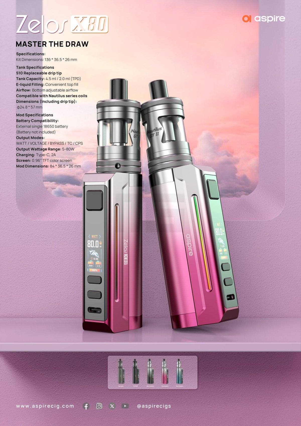 Aspire - Zelos X80 - Mod Akkuträger - Pink Gradient Aspire - Zelos X80 - Mod Akkuträger - Pink Gradient