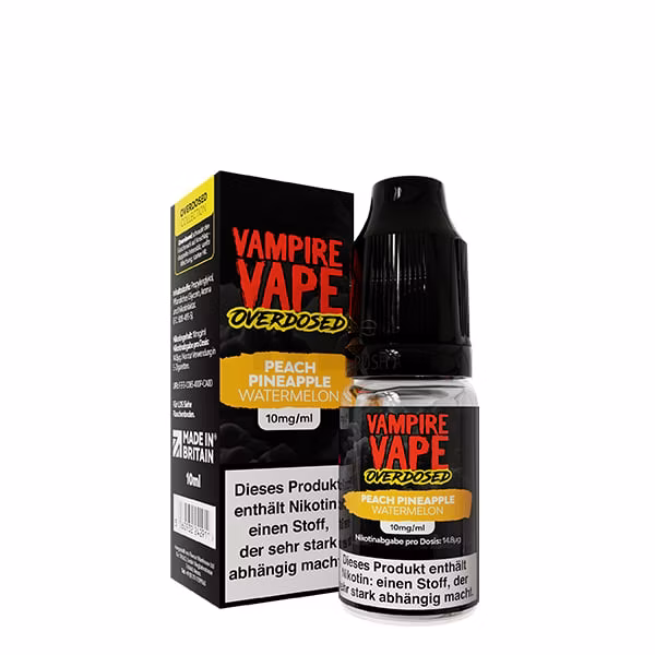 Vampire Vape - Overdosed - Nikotinsalz-Liquid - 10ml - Pineapple Peach Watermelon | Nikotinsalz-Stärke : 10mg Vampire Vape - Overdosed - Nikotinsalz-Liquid - 10ml - Pineapple Peach Watermelon | Nikotinsalz-Stärke : 10mg