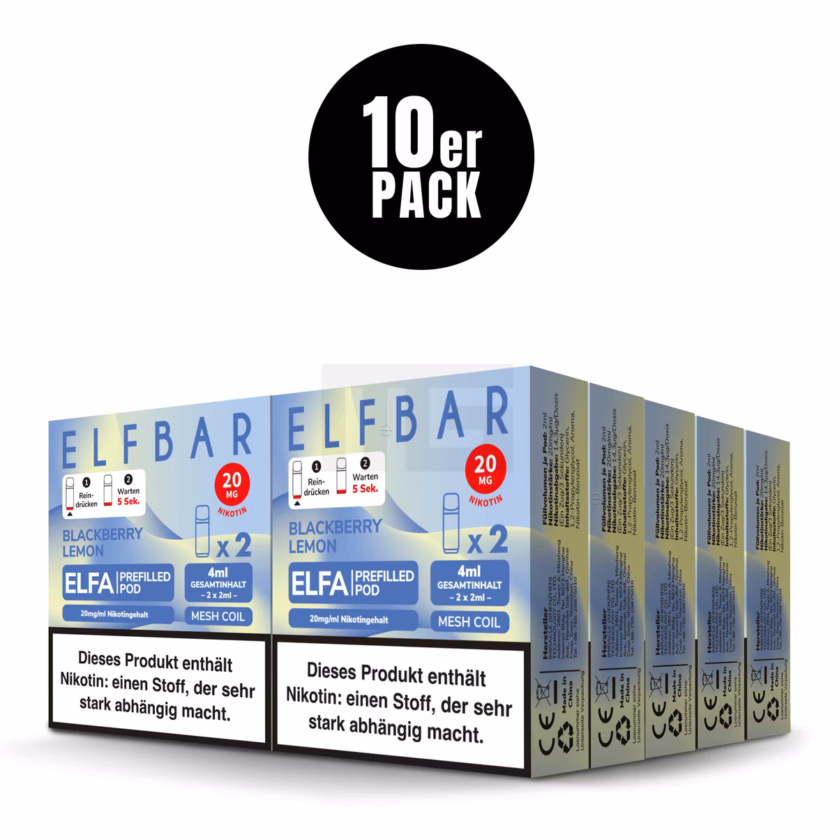 Elfbar - ELFA - Prefilled Pod - (VE= 10 Stück) Displaykarton - Blackberry Lemon | Nikotinsalz-Stärke : 20mg