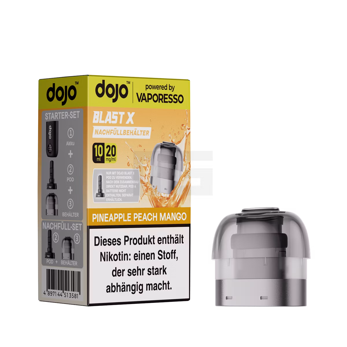 Vaporesso - Dojo Blast X - 10ml Pod Nachfüllbehälter - Pineapple Peach Mango - 20mg Starter-Set, Náufüllbehälter, Nico tin, Pod, Blas TX?