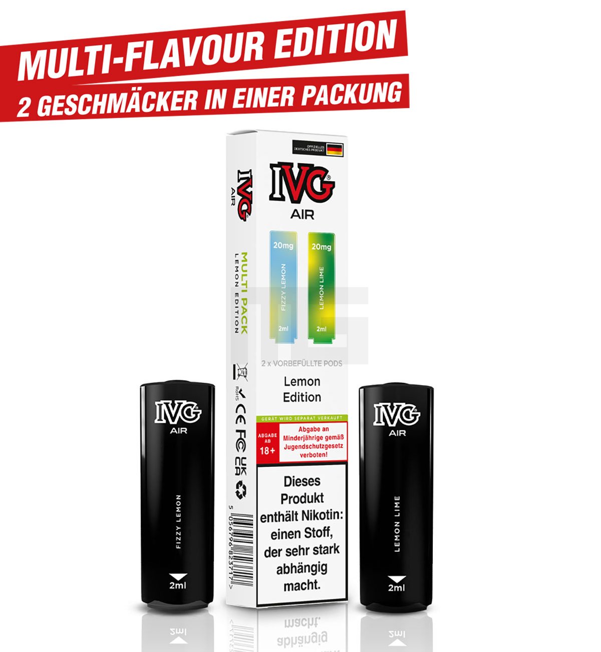 IVG - AIR - Prefilled Pod - Multi Flavour Edition - 2ml - Lemon Edition (Fizzy Lemon & Lemon Lime) | Nikotinsalz-Stärke : 20mg | Paketgröße : 1er Packung
