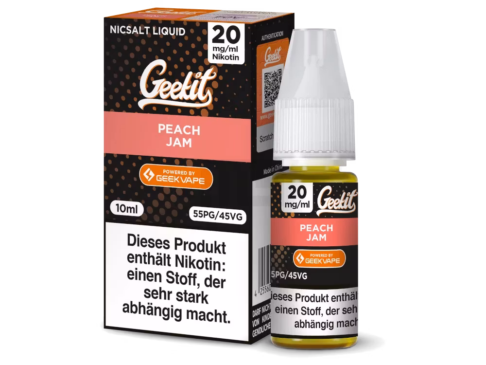 GeekVape - Geekit - Nikotinsalz Liquid - Peach Jam | Inhalt : 10ml | Nikotinsalz-Stärke : 20mg | Paketgröße : 1er Packung GeekVape - Geekit - Nikotinsalz Liquid - Peach Jam | Inhalt : 10ml | Nikotinsalz-Stärke : 20mg | Paketgröße : 1er Packung