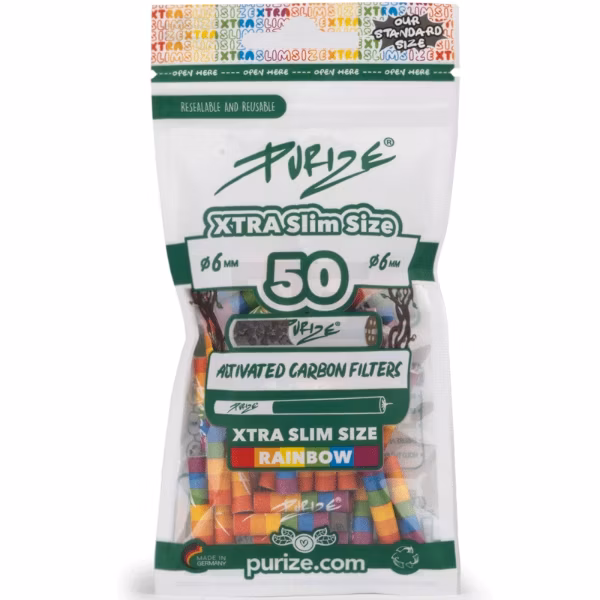 purize-aktivkohlefilter-xtra-slim-rainbow-50x PURIZE - Aktivkohlefilter - XTRA Slime Size - Rainbow - 6mm - 50 Stück
