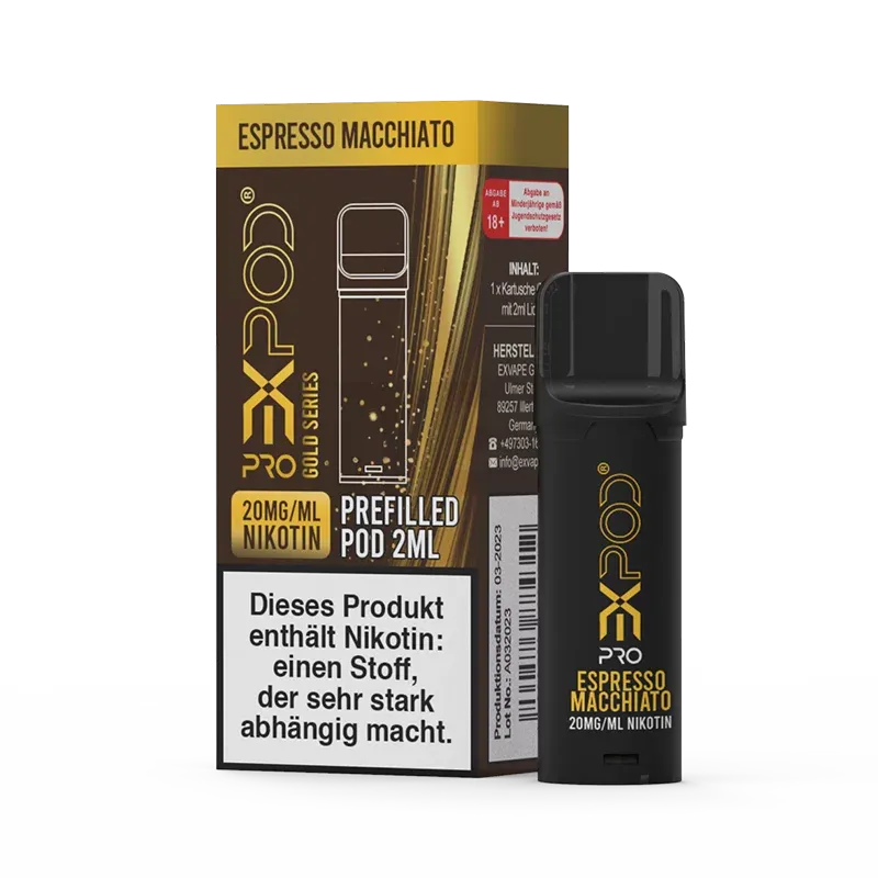 Expod - Pro - Gold Series - Prefilled Pod - Espresso Macchiato | Nikotinsalz-Stärke : 20mg | Paketgröße : 1er Packung Expod - Pro - Gold Series - Prefilled Pod - Espresso Macchiato | Nikotinsalz-Stärke : 20mg | Paketgröße : 1er Packung