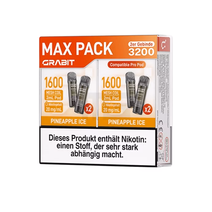 GRABIT - Pro - Prefilled Pod - Pineapple Ice - Max Pack - 4er Packung - 2ml GRABIT - Pro - Prefilled Pod - Pineapple Ice - Max Pack - 4er Packung - 2ml