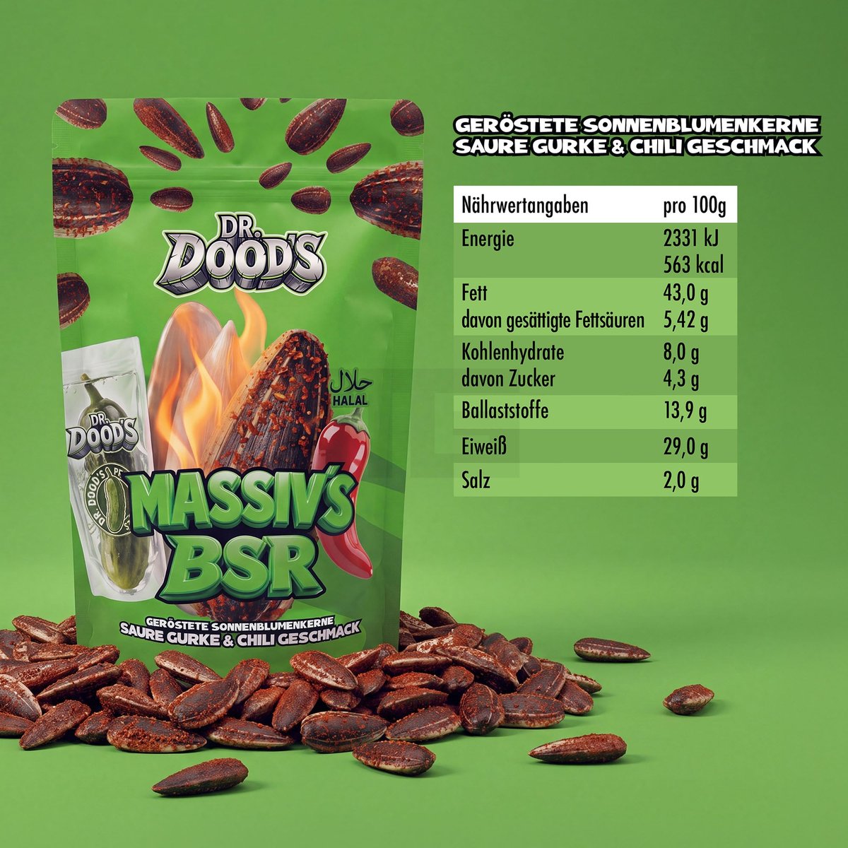 Dr. Doods Massiv`s BSR Sonnenblumenkerne Saure Gurke & Chilli 100g Dr. Doods Massiv`s BSR Sonnenblumenkerne Saure Gurke & Chilli 100g