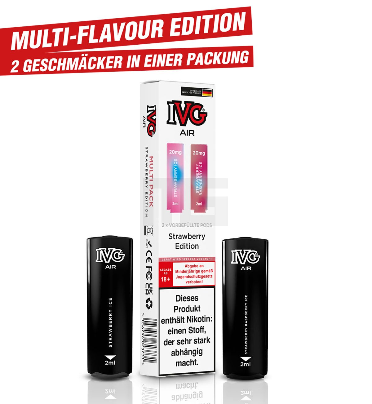 IVG - AIR - Prefilled Pod - Multi Flavour Edition - 2ml - Strawberry Edition (Strawberry Ice & Strawberry Raspberry Ice) | Nikotinsalz-Stärke : 20mg | Paketgröße : 1er Packung IVG - AIR - Prefilled Pod - Multi Flavour Edition - 2ml - Strawberry Edition (Strawberry Ice & Strawberry Raspberry Ice) | Nikotinsalz-Stärke : 20mg | Paketgröße : 1er Packung