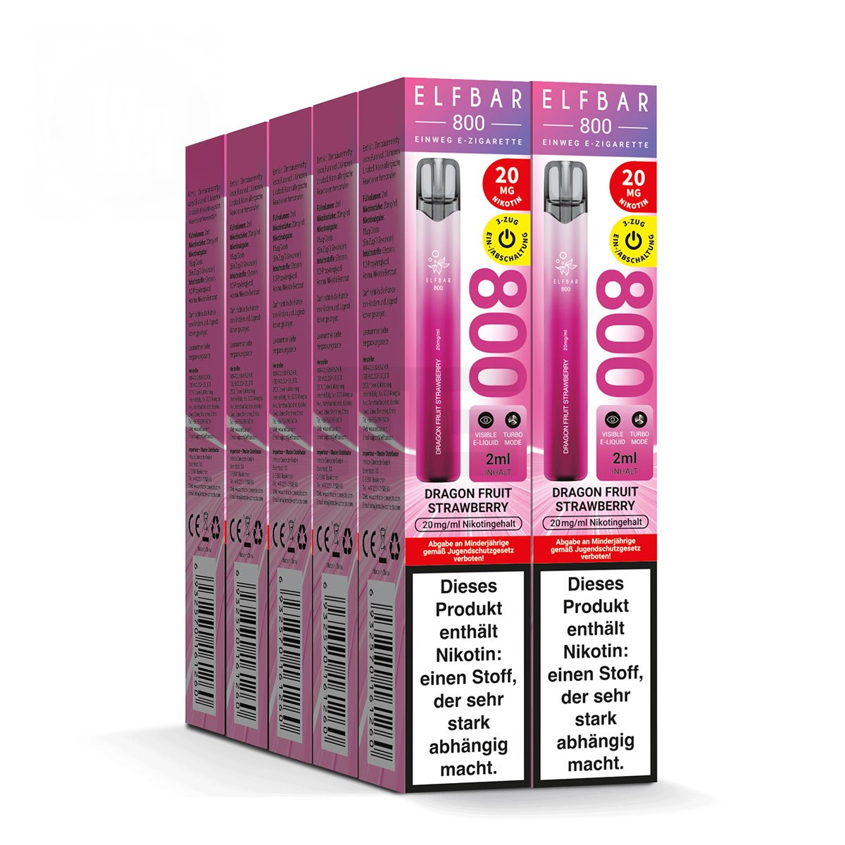 Elfbar - 800 - Einweg E-Zigarette - (VE= 10 Stück) Displaykarton - Dragon Fruit Strawberry | Nikotinsalz-Stärke : 20mg