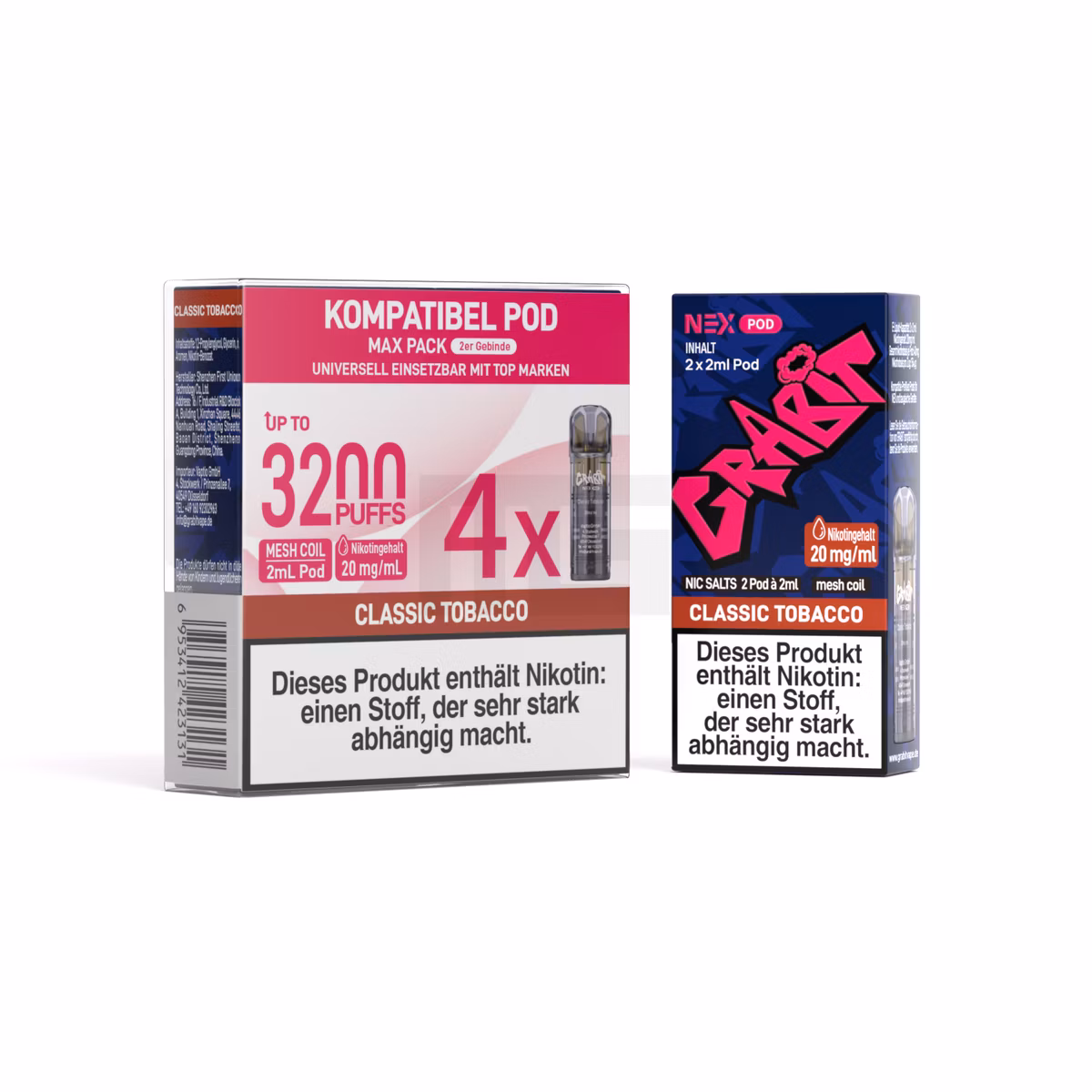 GRABIT - Nex - Prefilled Pod - 2ml - 4er Packung - Classic Tobacco | Nikotinsalz-Stärke : 20mg | Paketgröße : 1er Packung