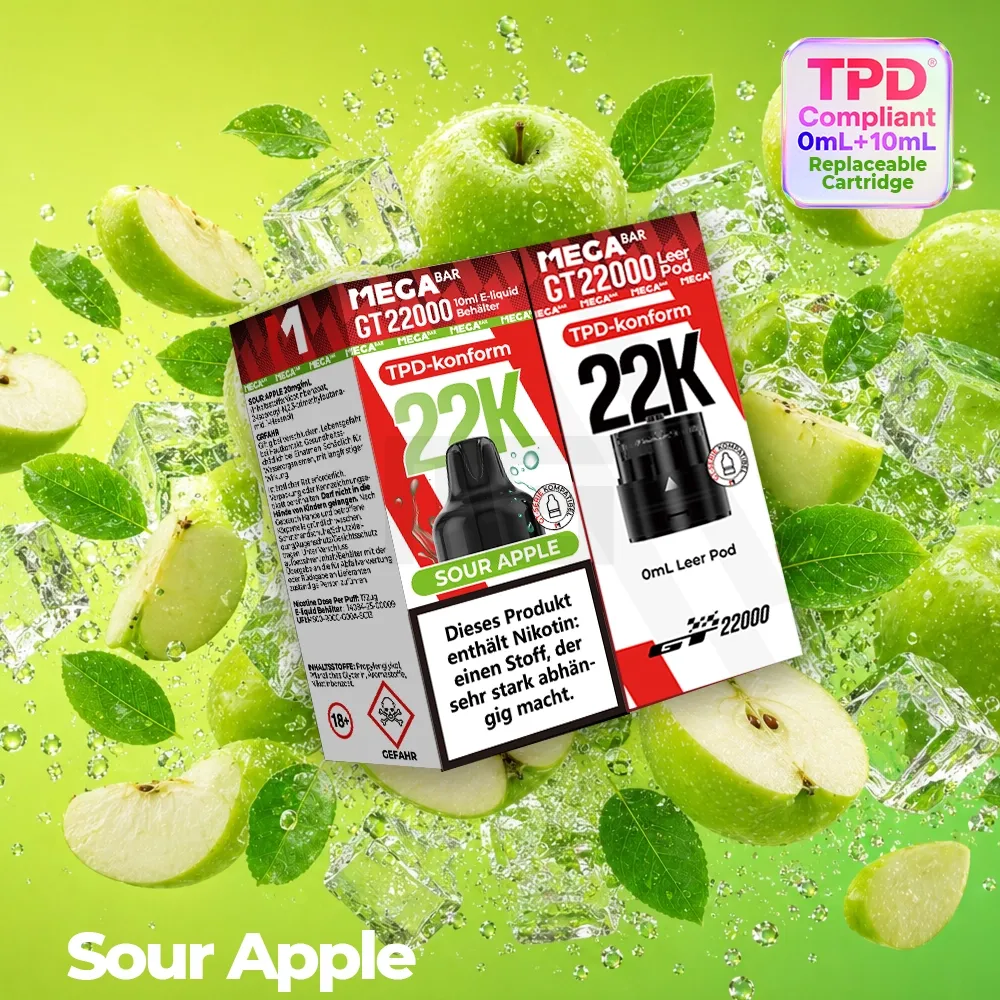 MegaBar GT22000 Leer Pod & 10ml E-Liquid Behälter Sour Apple 20mg