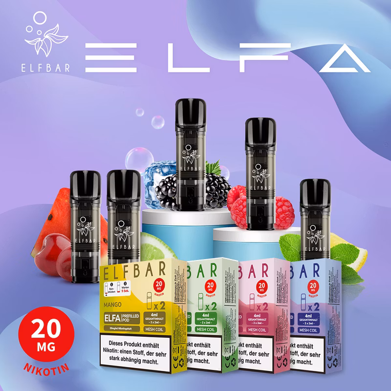 Elfbar ELFA Pods in drei Sorten neben ELFA Turbo und ELFA Master Basisgerät
